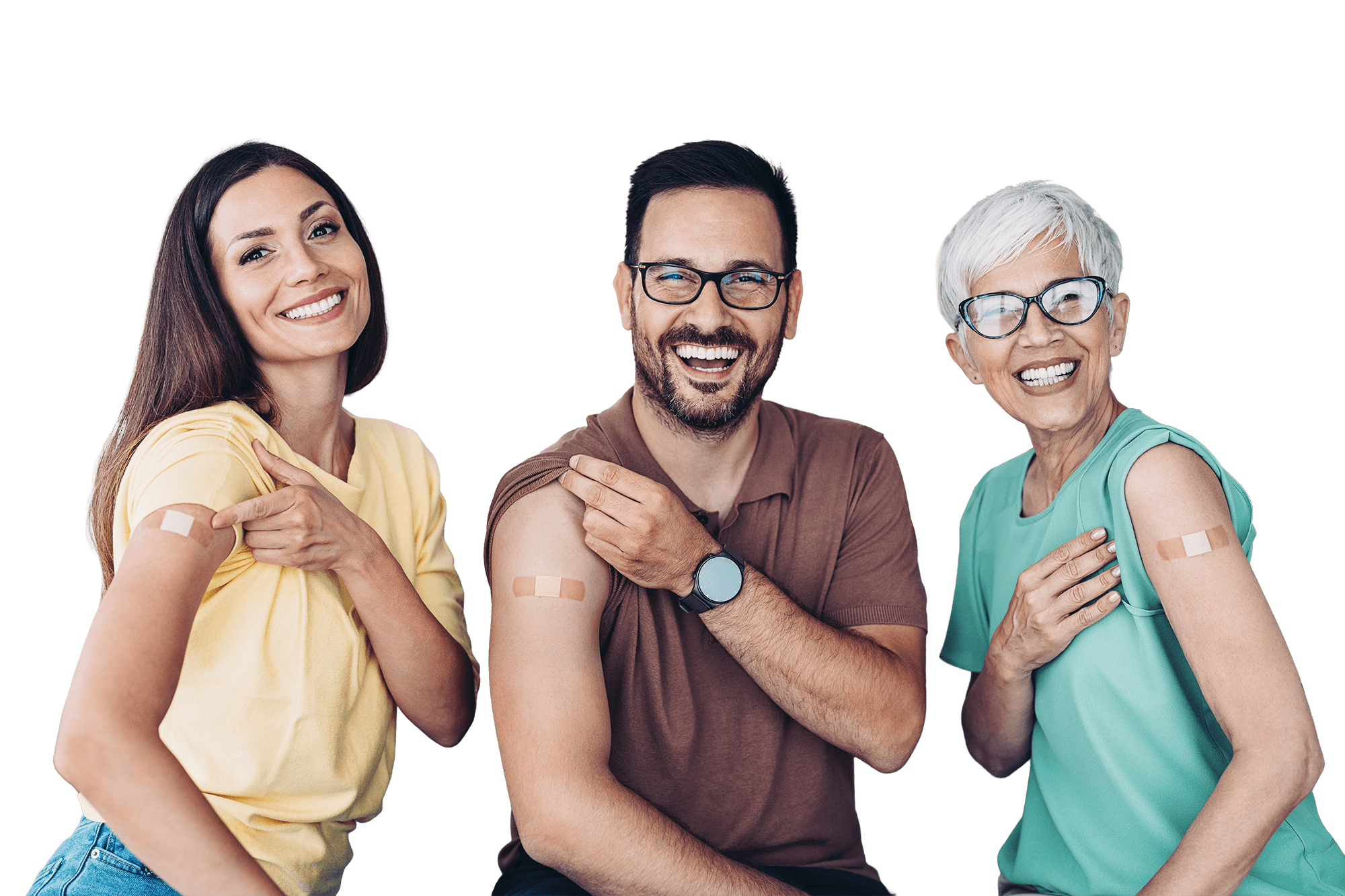 Adults with bandages on their upper arms after vaccination.