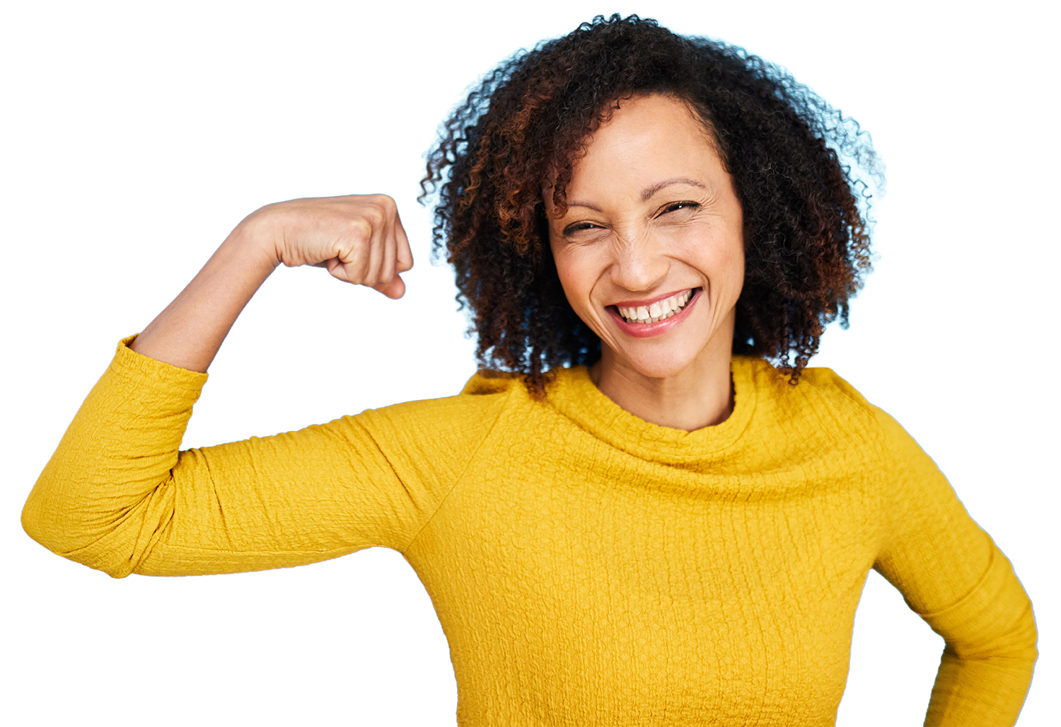 Adult woman smiling and flexing her arm.